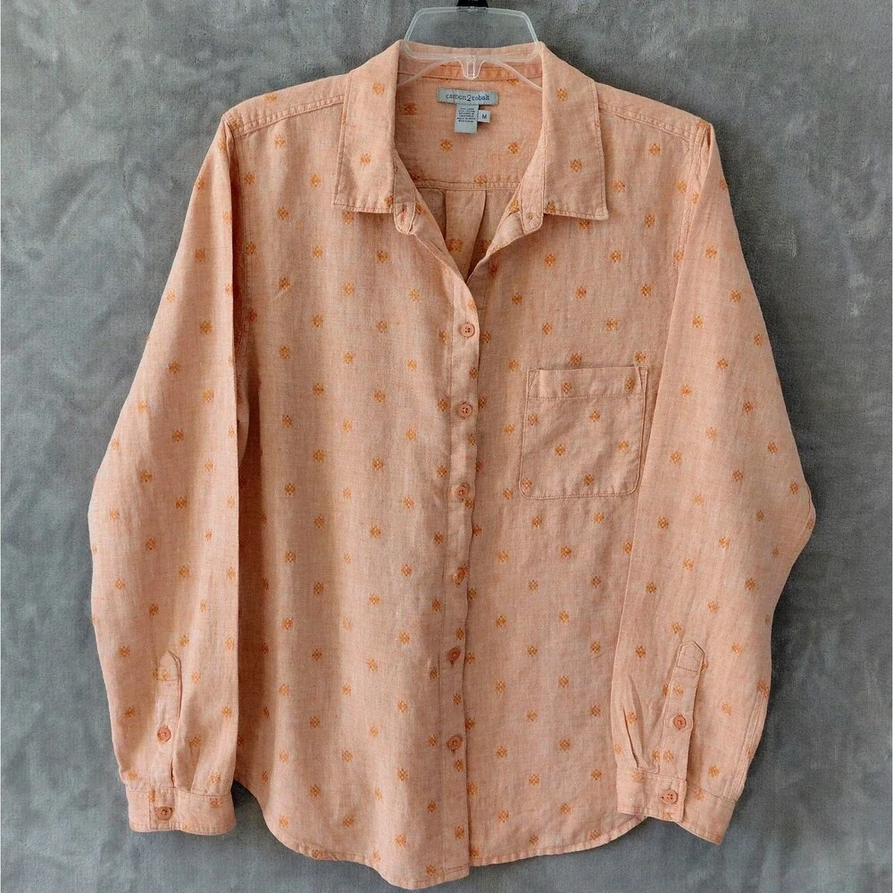 Carbon2Cobalt Linen Blend Button Up Shirt Women's Medium Peach Geometric Print - Picture 2 of 6